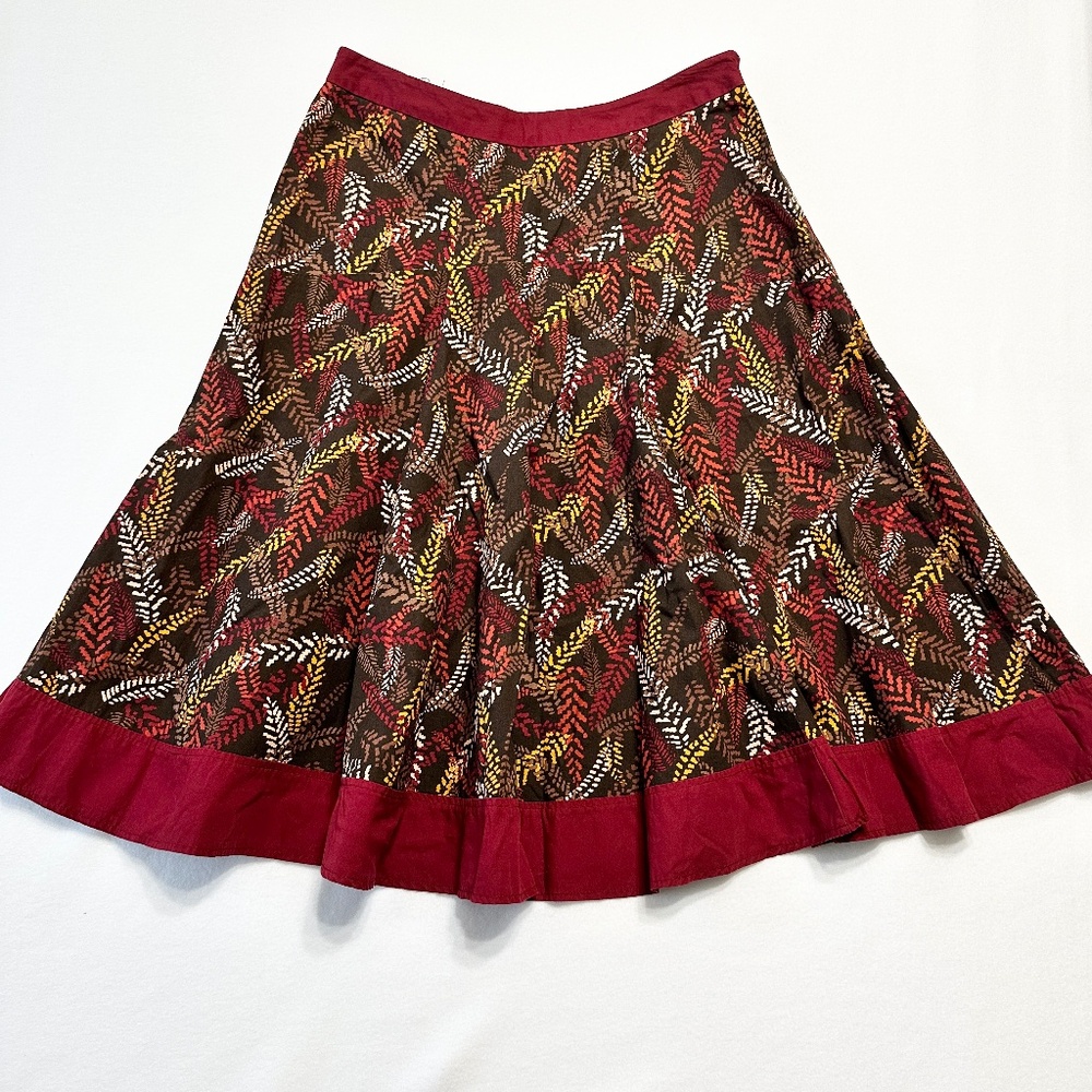 Cato Fashions Maroon Fall Leaves A-Line Skirt Size 6 Floral Zip Midi